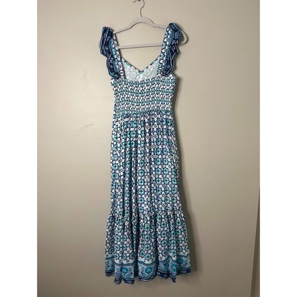 Lucky Brand Maxi Dress Long Smocked Tiered White Turquoise Ruffle Boho Medium - Picture 6 of 14